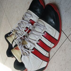 Adidas White and Red Athletic Shoes with Black and Gold Accents